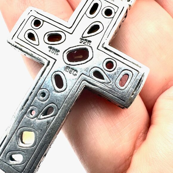 Samuel Benham Necklace Sterling Silver 18K Gold Multi Gemstone Cross Pendant - Picture 5 of 6